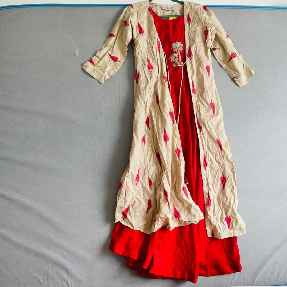 Red kurta dress with off white coat